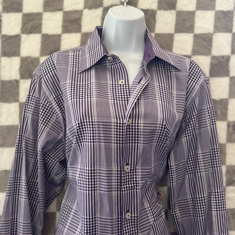 Bugatchi Uomo Purple & White  Plaid Button-Up Shirt 100% Cotton Size M/Medium - Picture 2 of 7